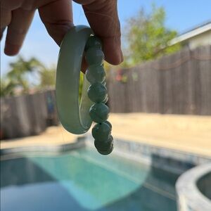Green Jade Bangle and Beaded Bracelet Set size 6.5 inches and 58.9 mm bangle